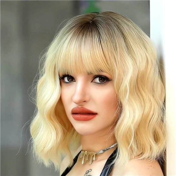 TRUMOST Short Blonde Wig with Bangs Natural Curly Wavy Blonde